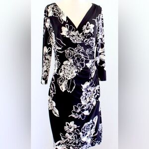 Lauren Ralph Lauren Black/White/Gray floral vneck rushed waist wrap jersey dress